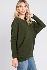 Olive Ribbed Brushed Knit Dolman Sleeve Top