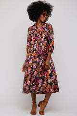 Black Floral Satin Ruffle Neck Midi Dress