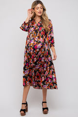 Black Floral Satin Ruffle Neck Maternity Midi Dress