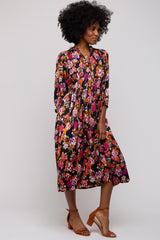 Black Floral Satin Ruffle Neck Midi Dress