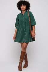 Green Corduroy Button Down Collared Maternity Dress