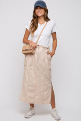 Beige Cargo Cinched Maternity Midi Skirt