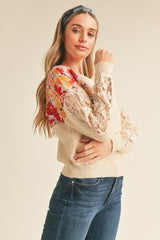 Ivory Multi Floral Mixed Media Knit Top