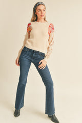 Ivory Multi Floral Mixed Media Knit Top