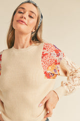 Ivory Multi Floral Mixed Media Knit Top