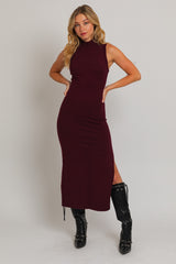 Burgundy Sleeveless Mock Neck Maternity Midi Dress