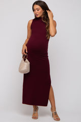 Burgundy Sleeveless Mock Neck Maternity Midi Dress