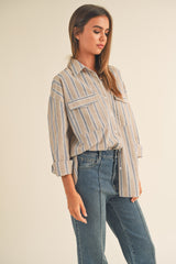 Taupe Striped Button Up Top