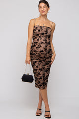 Taupe Mesh Velvet Floral Ruched Maternity Midi Dress