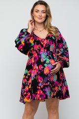 Black Multi-Color Printed Long Sleeve Plus Maternity Dress