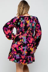 Black Multi-Color Printed Long Sleeve Plus Maternity Dress