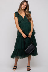 Forest Green Sleeveless Tiered Tie Strap Tulle Maternity Midi Dress