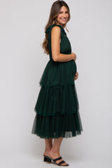 Forest Green Sleeveless Tiered Tie Strap Tulle Maternity Midi Dress