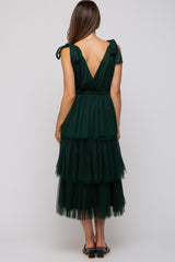 Forest Green Sleeveless Tiered Tie Strap Tulle Maternity Midi Dress