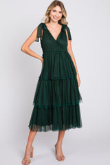 Forest Green Sleeveless Tiered Tie Strap Tulle Maternity Midi Dress