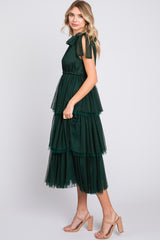 Forest Green Sleeveless Tiered Tie Strap Tulle Midi Dress