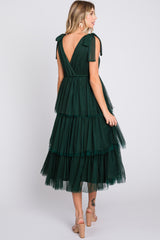 Forest Green Sleeveless Tiered Tie Strap Tulle Midi Dress