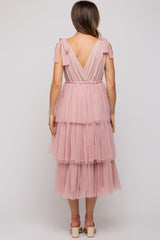 Pink Sleeveless Tiered Tie Strap Tulle Maternity Midi Dress