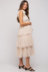 Cream Sleeveless Tiered Tie Strap Tulle Maternity Midi Dress