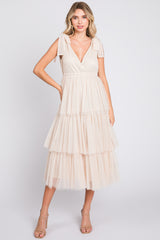 Cream Sleeveless Tiered Tie Strap Tulle Midi Dress