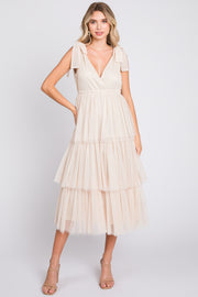 Cream Sleeveless Tiered Tie Strap Tulle Midi Dress