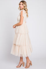 Cream Sleeveless Tiered Tie Strap Tulle Midi Dress