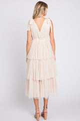 Cream Sleeveless Tiered Tie Strap Tulle Midi Dress