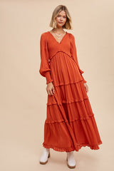 Rust Smocked Ruffle Tiered Maternity Maxi Dress