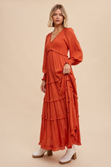 Rust Smocked Ruffle Tiered Maxi Dress