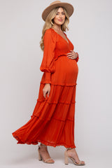 Rust Smocked Ruffle Tiered Maternity Maxi Dress