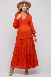 Rust Smocked Ruffle Tiered Maternity Maxi Dress