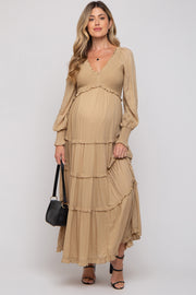 Taupe Smocked Ruffle Tiered Maternity Maxi Dress