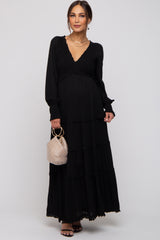 Black Smocked Ruffle Tiered Maternity Maxi Dress