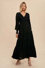 Black Smocked Ruffle Tiered Maternity Maxi Dress