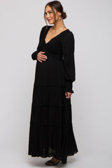 Black Smocked Ruffle Tiered Maternity Maxi Dress