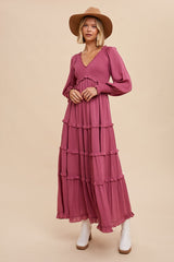 Magenta Smocked Ruffle Tiered Maternity Maxi Dress