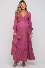 Magenta Smocked Ruffle Tiered Maternity Maxi Dress