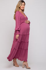 Magenta Smocked Ruffle Tiered Maternity Maxi Dress