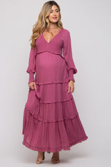 Magenta Smocked Ruffle Tiered Maternity Maxi Dress