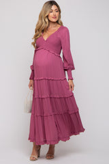 Magenta Smocked Ruffle Tiered Maternity Maxi Dress