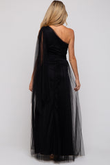 Black One Shoulder Pleated Mesh Maternity Gown