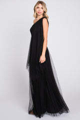 Black One Shoulder Pleated Mesh Gown