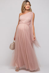 Light Pink One Shoulder Pleated Mesh Maternity Gown