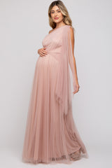 Light Pink One Shoulder Pleated Mesh Maternity Gown