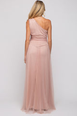 Light Pink One Shoulder Pleated Mesh Maternity Gown