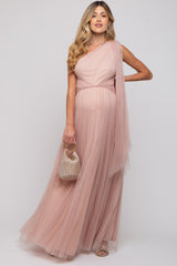 Light Pink One Shoulder Pleated Mesh Maternity Gown