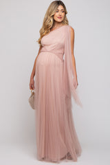 Light Pink One Shoulder Pleated Mesh Maternity Gown