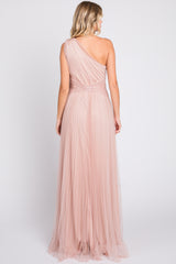 Light Pink One Shoulder Pleated Mesh Gown