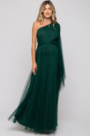 Forest Green One Shoulder Pleated Mesh Maternity Gown