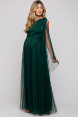 Forest Green One Shoulder Pleated Mesh Maternity Gown